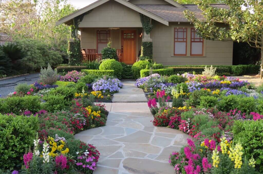 Flowers and flagstone landscaping